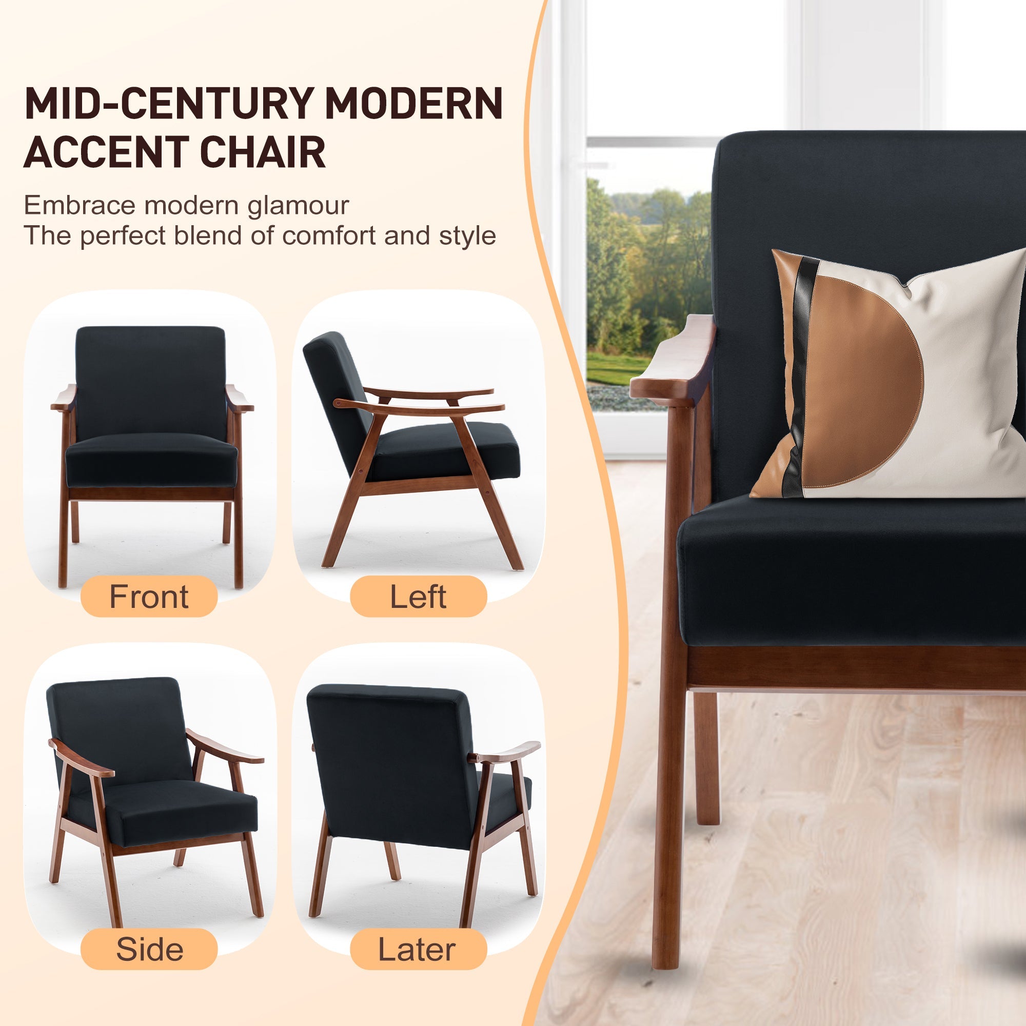 Velvet Mid-Century Wingback Accent Chair — Wood Frame & Thick Backrest