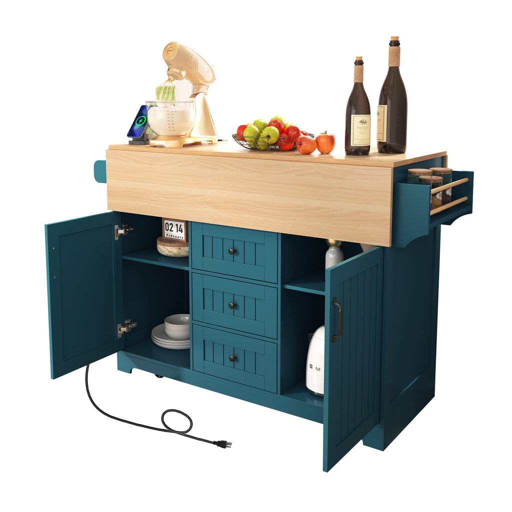 K&K 55.7'' Large Kitchen Island with 2 Drop Leaf,, Rolling Kitchen Cart on 5 Wheels with Power Outlet, Folding Storage Dining Table with Spice & Towel Rack , 3 Drawers, for Kitchen, Dining Room,Black