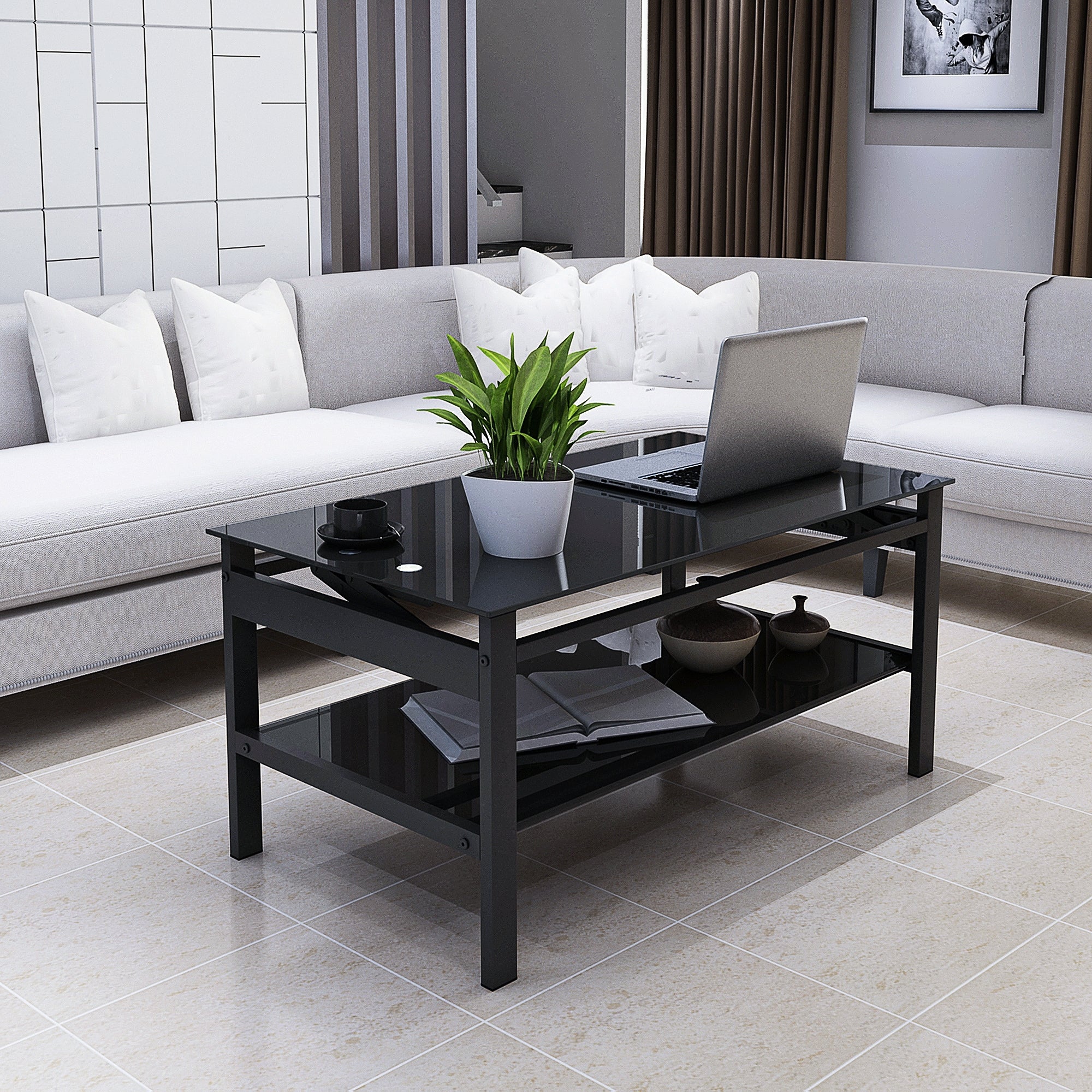 Black modern coffee table open lower shelf storage