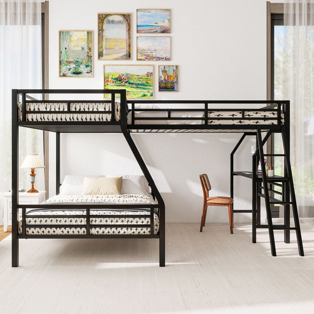 Black metal bunk bed full-length guardrails and secured slats detail