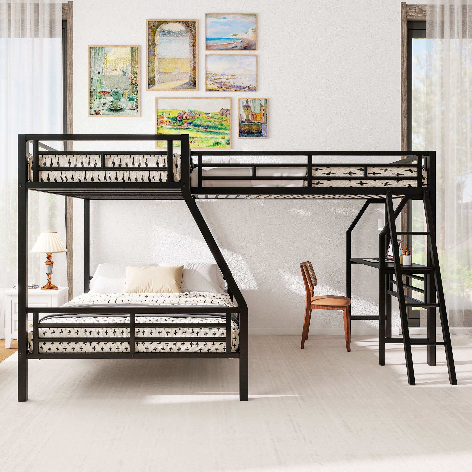 Black metal bunk bed full-length guardrails and secured slats detail