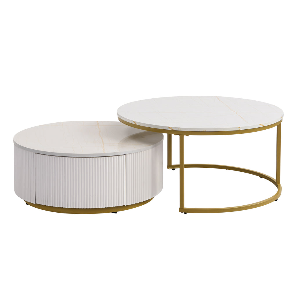 Living room setup with white gold nesting coffee tables