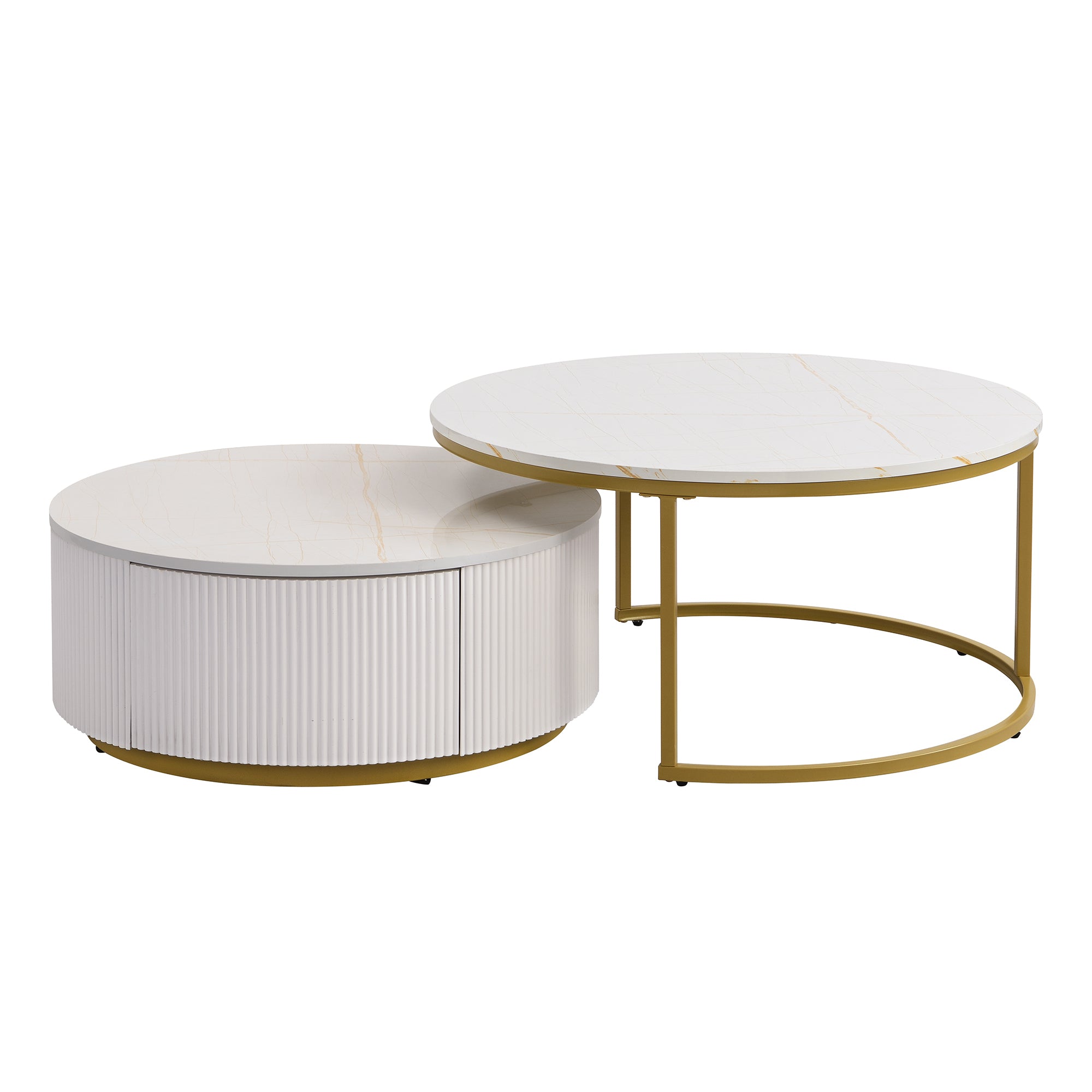 Living room setup with white gold nesting coffee tables