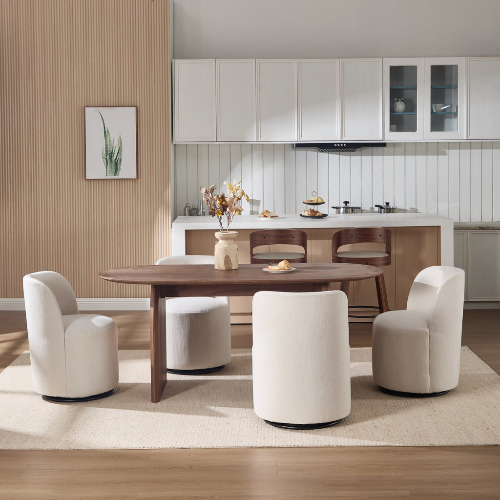 Set Of 1 Upholstered Kitchen & Dining Room Barrel Chair, Mid Century Modern Round Linen Dining Chair, 360 Degree Swivel Comfy Armless Accent Makeup Vanity Side Chair for Bedroom Living Room