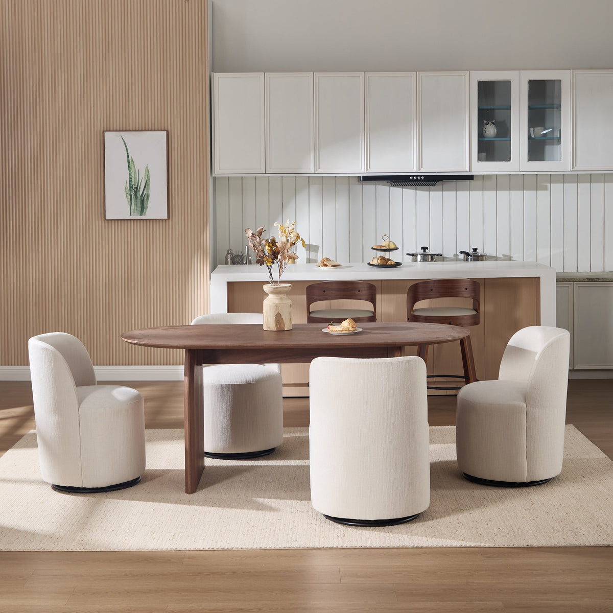 Set Of 1 Upholstered Kitchen & Dining Room Barrel Chair, Mid Century Modern Round Linen Dining Chair, 360 Degree Swivel Comfy Armless Accent Makeup Vanity Side Chair for Bedroom Living Room