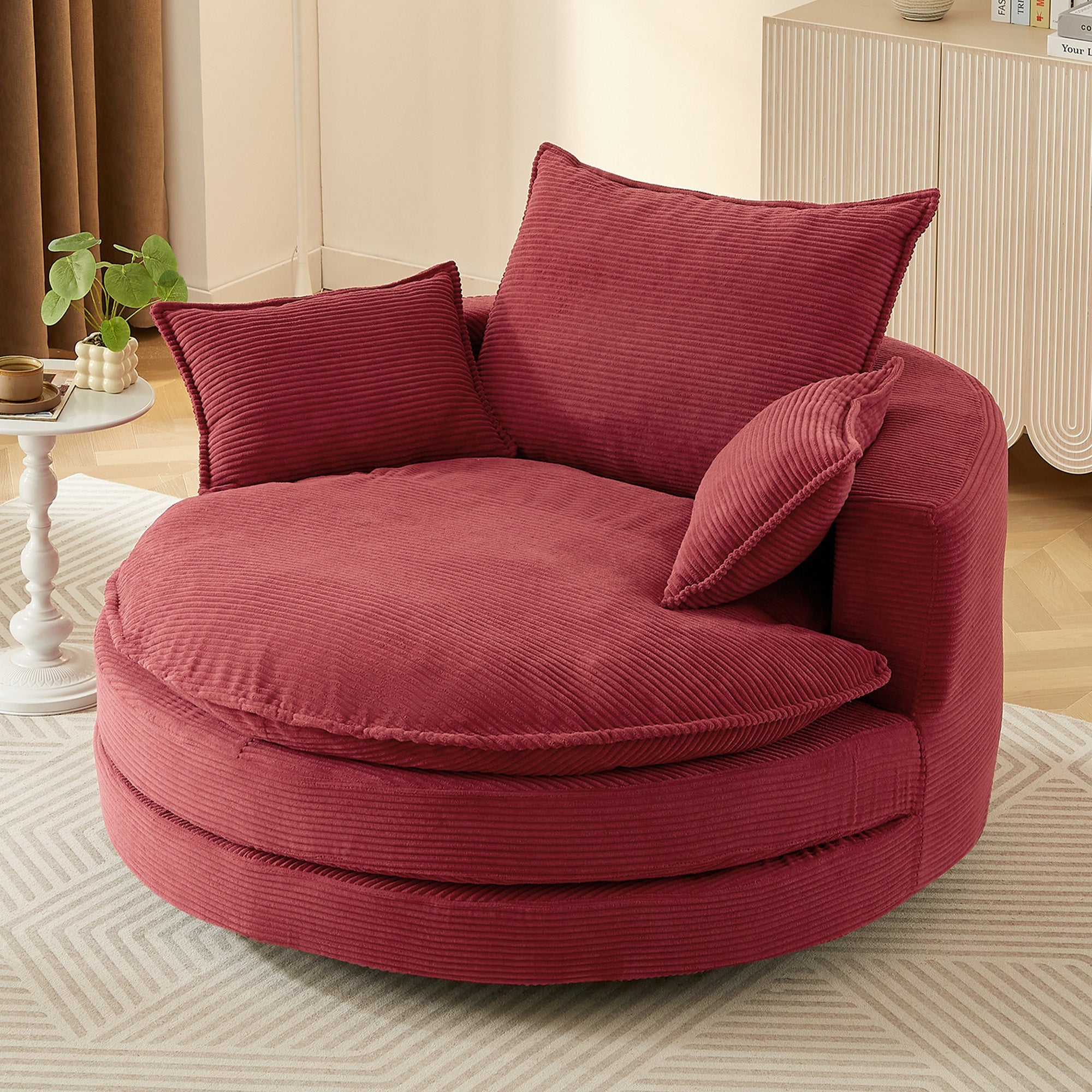 Corduroy Swivel Barrel Chair — 360° with Removable Pillows