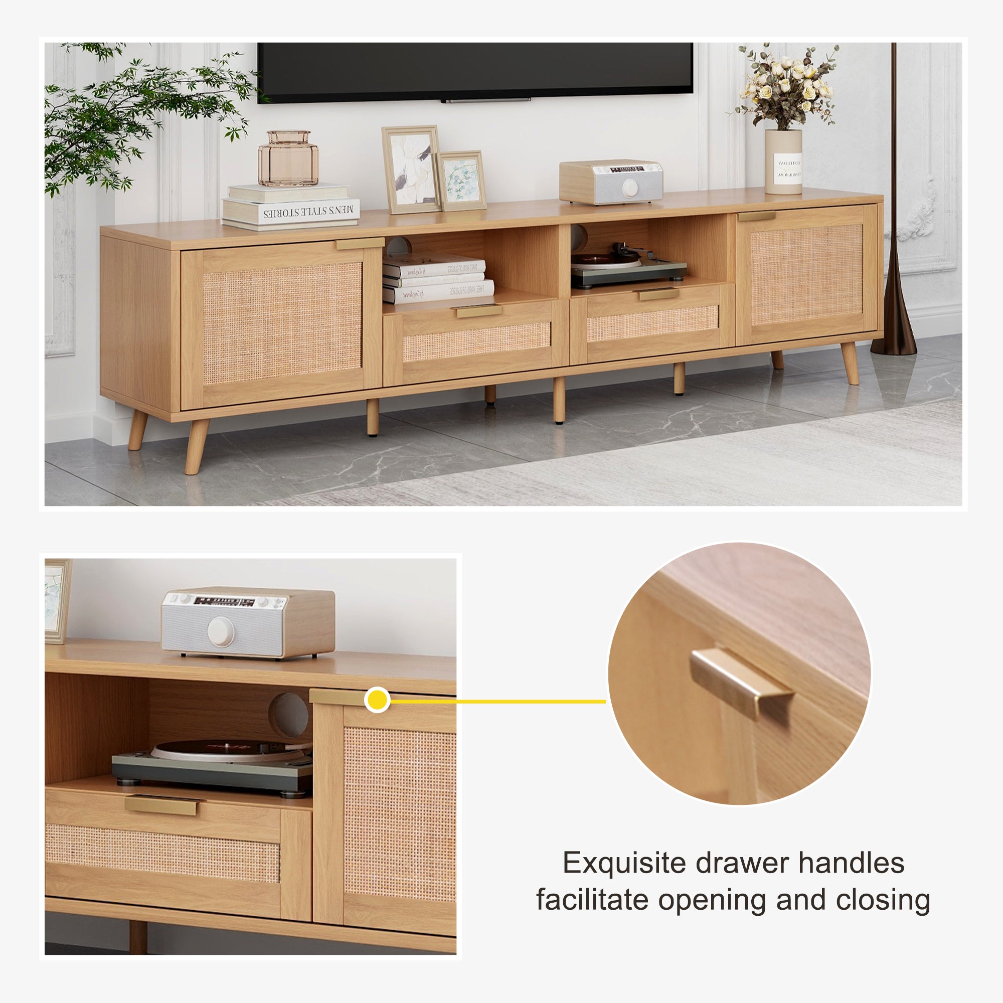 Rattan and wood media console tabletop view