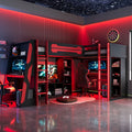 Red L-shaped twin gaming bed frame with RGB LED lights — front view