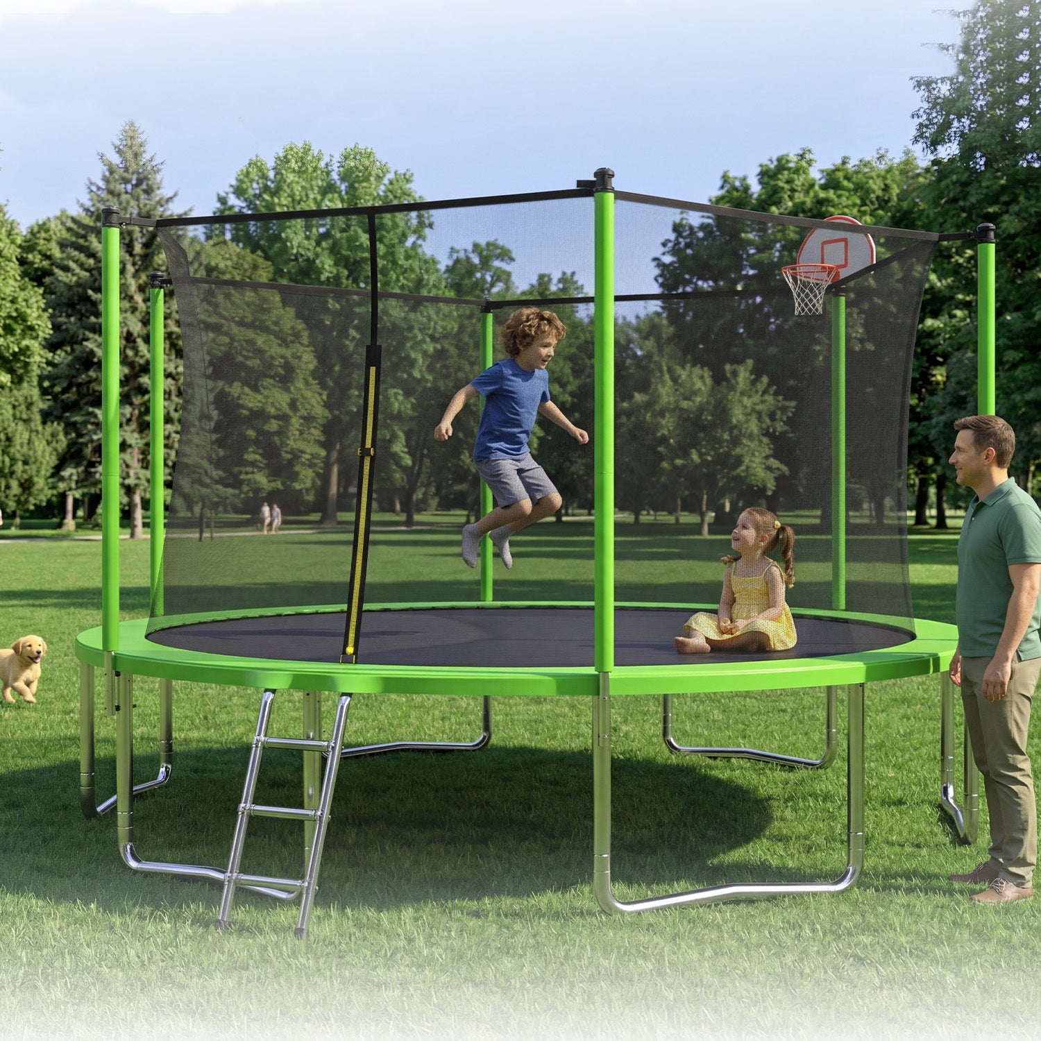 Green outdoor trampoline complete backyard setup product photo