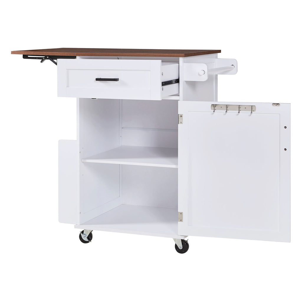 K&K 39.3' Farmhouse Kitchen Island with Drop Leaf, Kitchen Storage Island with Open Side Rack, One Drawer, Towel Rack, Rolling Kitchen Cart with Lockable Wheels for Lawn Garden, Black