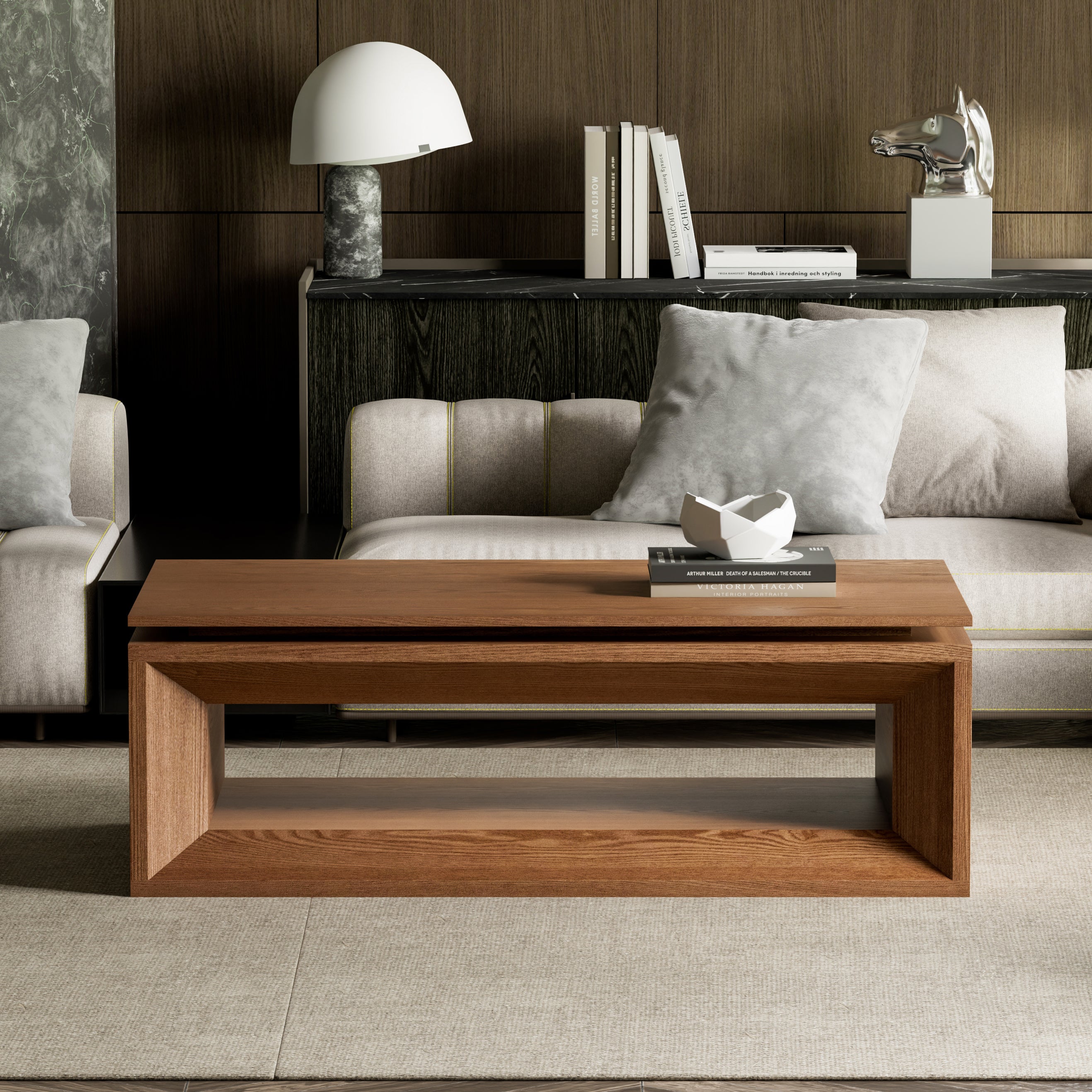 Walnut veneer finish tabletop close-up