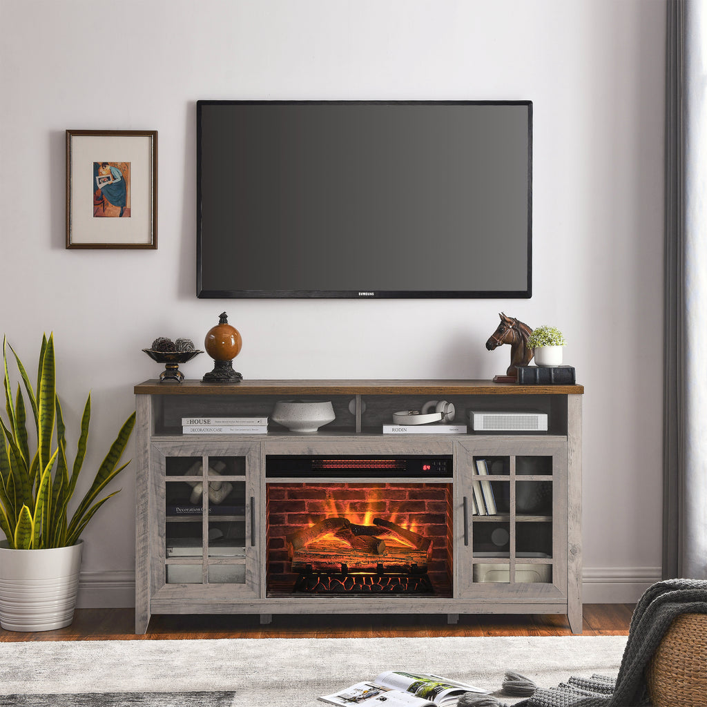 Gray wash TV stand with electric fireplace — front view