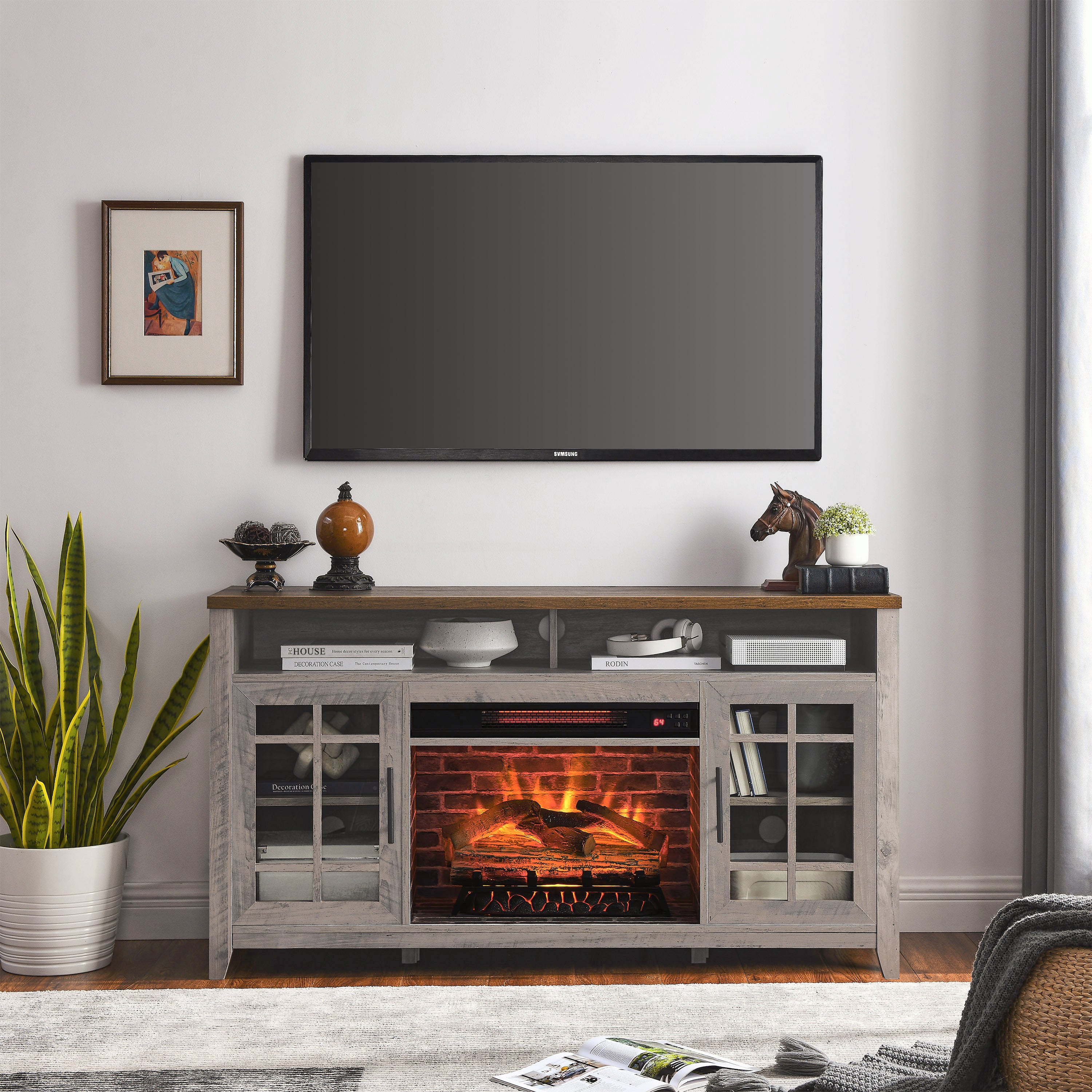 Gray wash TV stand with electric fireplace — front view