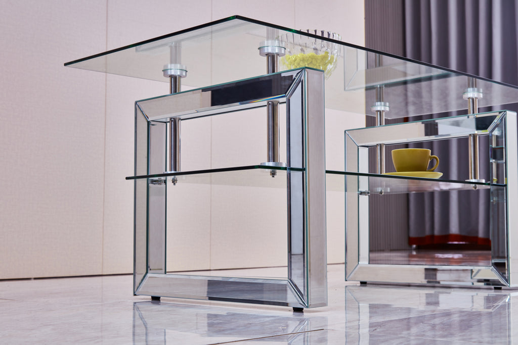 Silver mirror coffee table living room placement setting