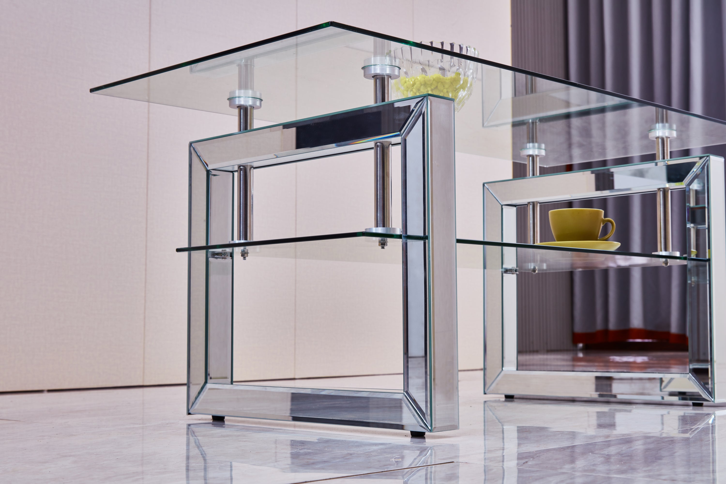 Silver mirror coffee table living room placement setting