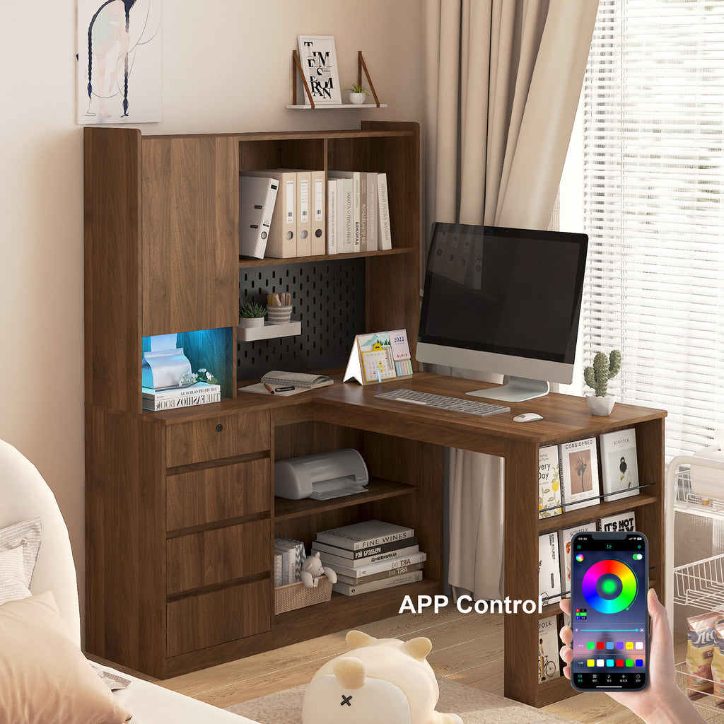 Natural wood computer desk with integrated bookshelf storage