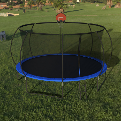 Black and blue outdoor trampoline with safety enclosure net