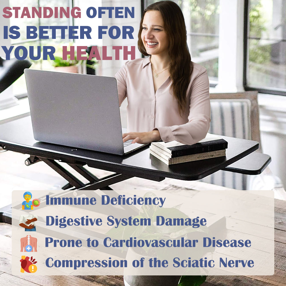 Black standing desk converter top surface 31.5 by 15.7 inches