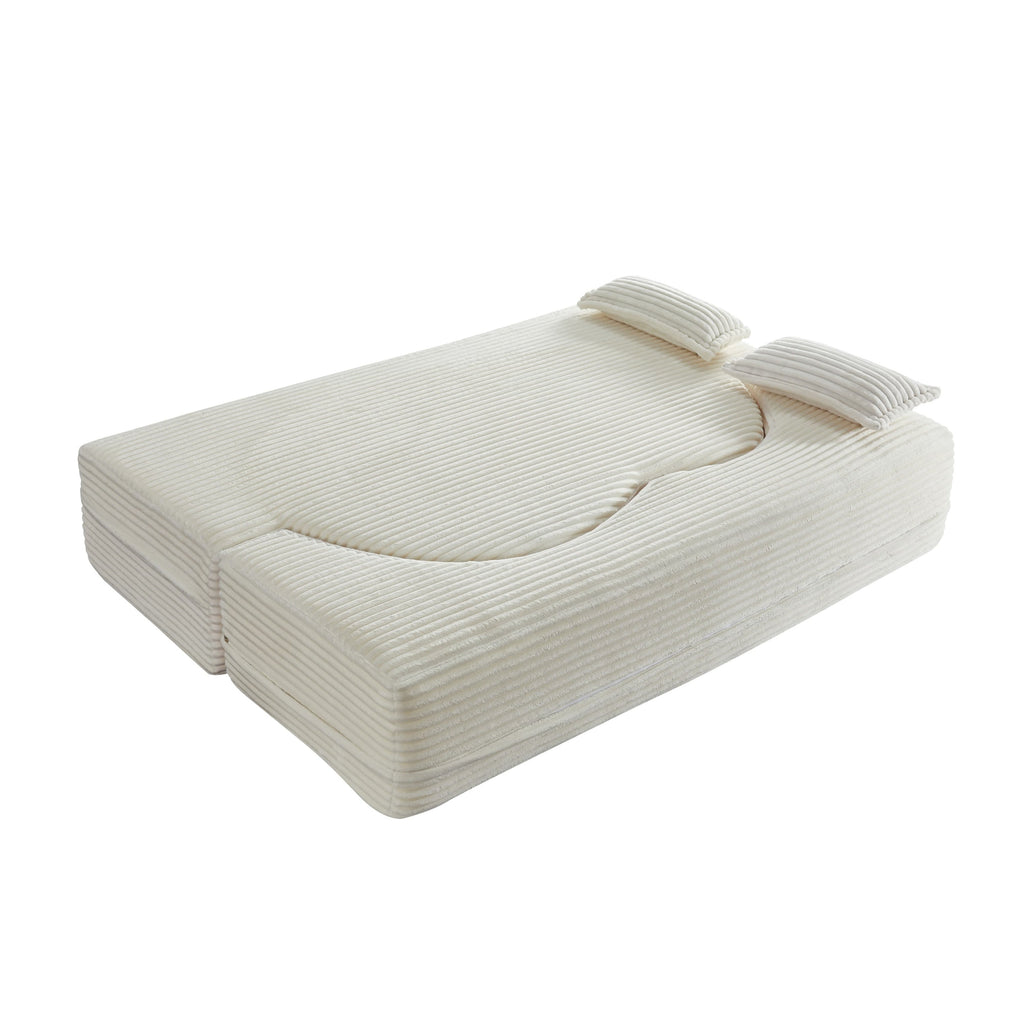 Modern Floor Sofa with 2 Pillows, Convertible Plush Corduroy Foam-Filled Sleeper Sofa Bed,15 ' Full Size Folding Mattress for Living Room, Guest Bed, no assembly required, Light Grey