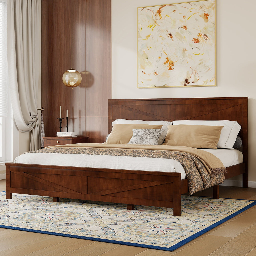 Farmhouse Style King Size Bed with Barn Door Designed Headboard and Footboard, Pinewood Bed with Strengthened Bed Frame,White