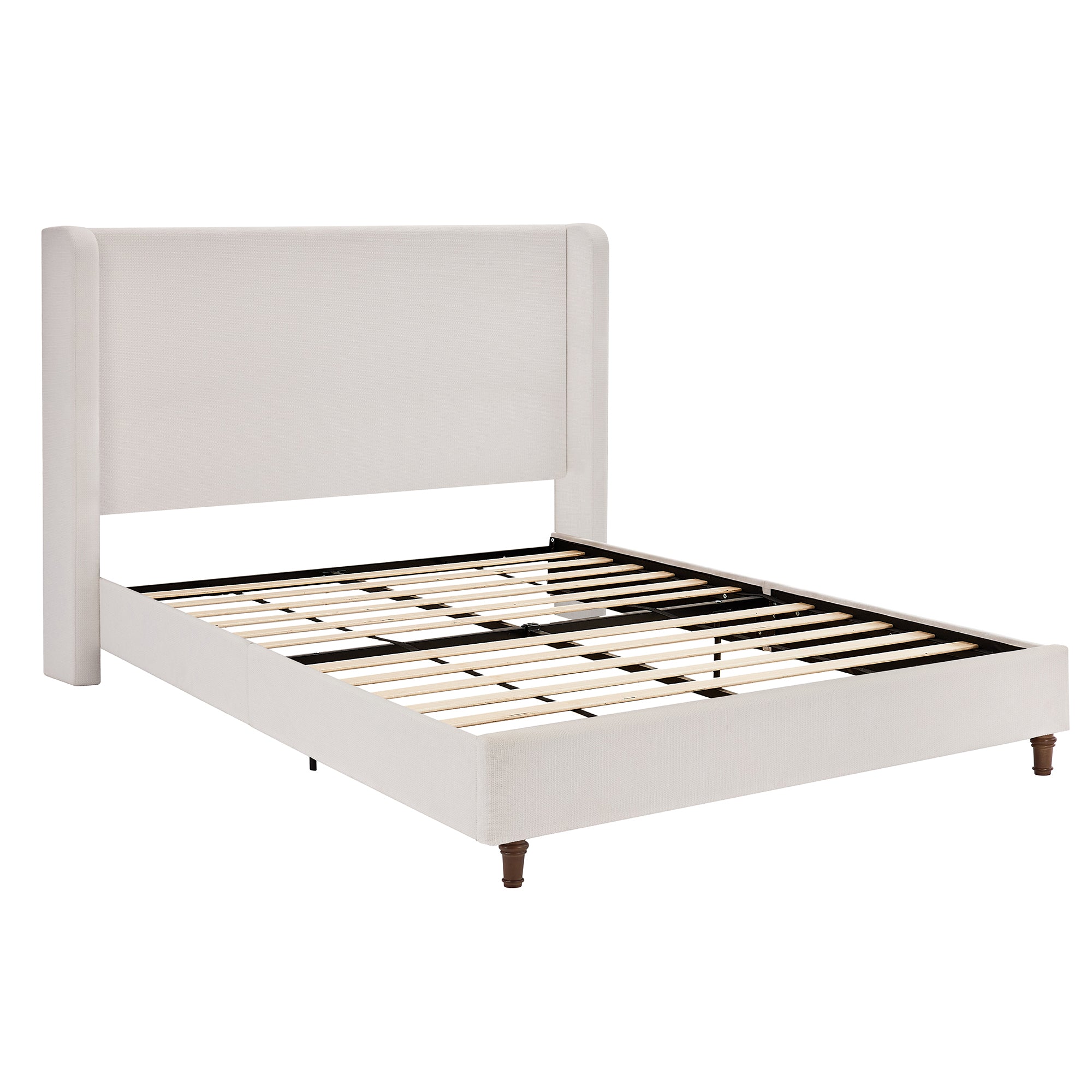 Harper Tall Headboard Upholstered Bed Frame in Cream White Chenille with 54' Height, Wooden Slats Base, Walnut Effect Feet, California King Size