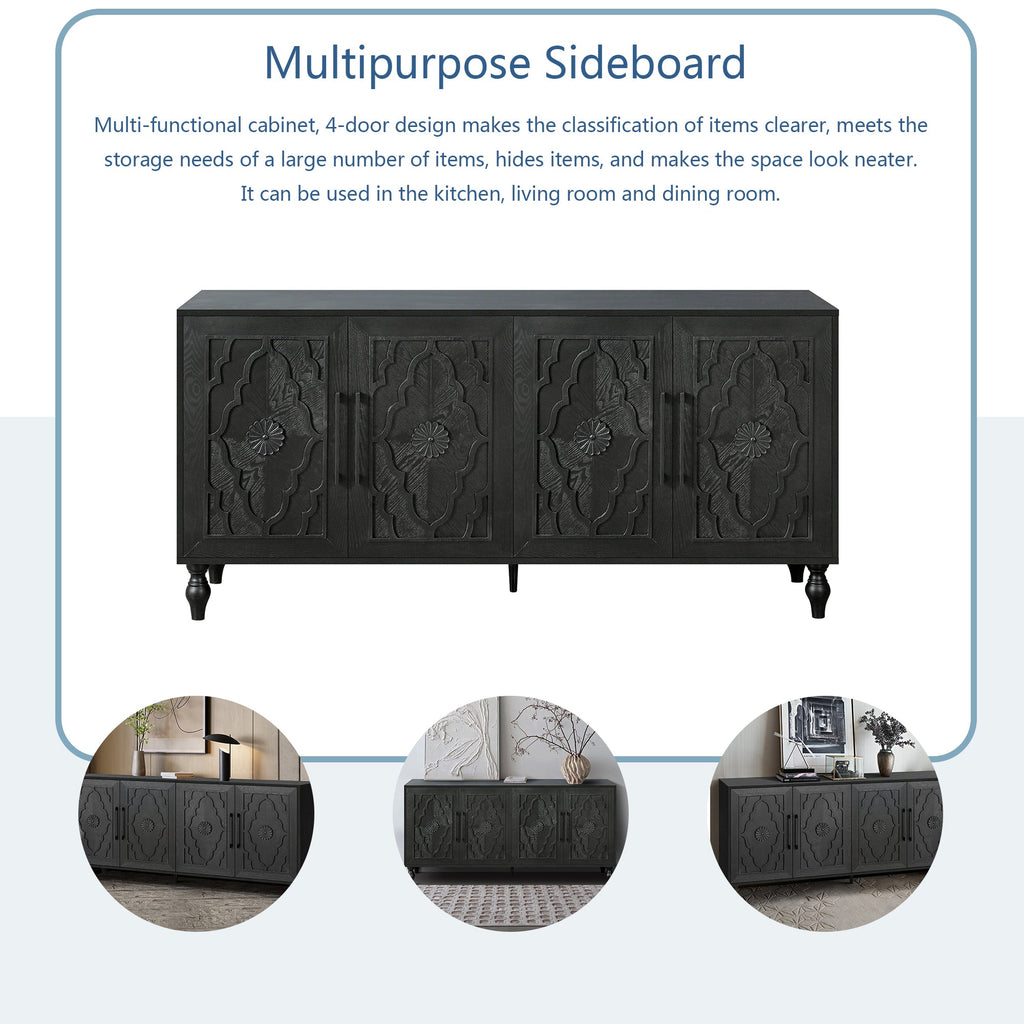 Carved Flower Door Storage Cabinet — Metal Handles