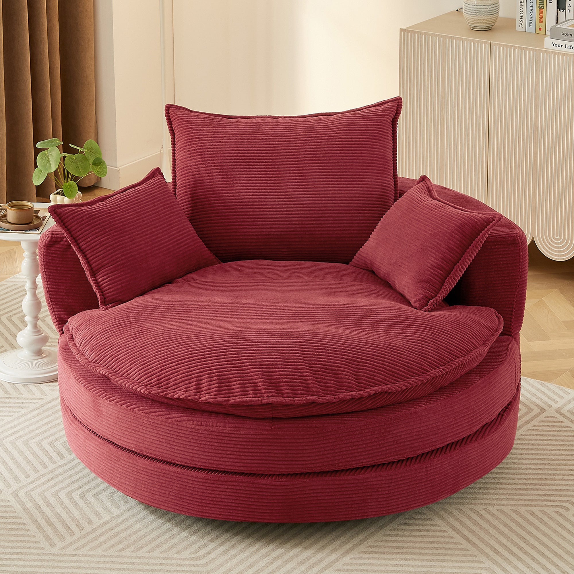 Corduroy Swivel Barrel Chair — 360° with Removable Pillows