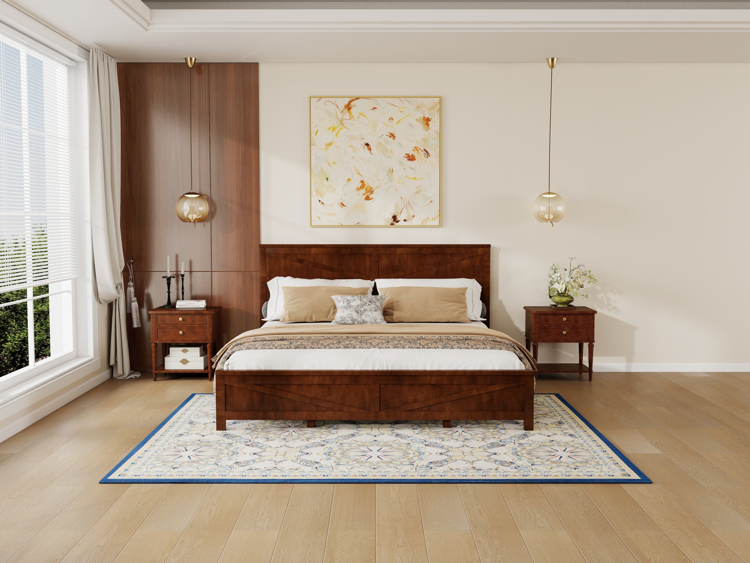 Farmhouse Style King Size Bed with Barn Door Designed Headboard and Footboard, Pinewood Bed with Strengthened Bed Frame,White