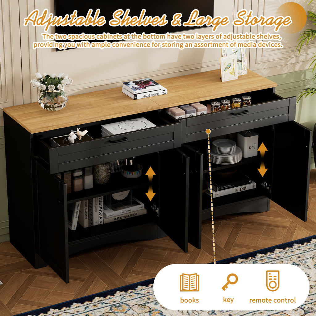 Farmhouse entertainment center with wood-grain shelves and black handles