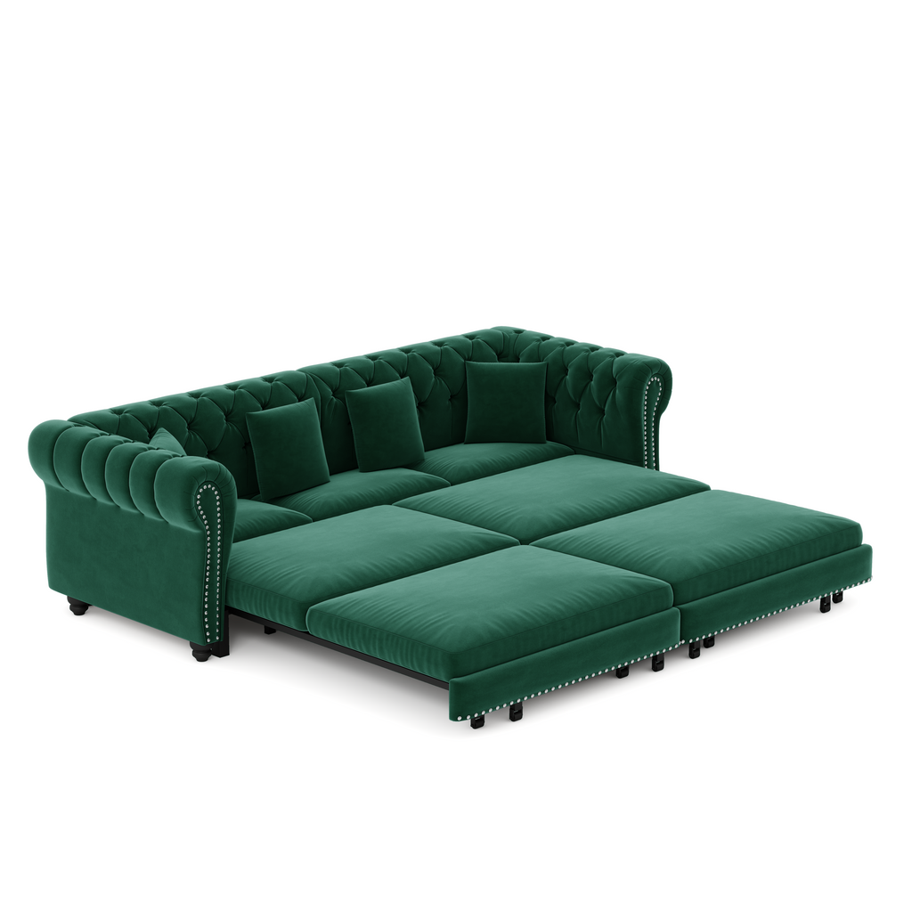 Chesterfield Sofa,89 ' W 3-in-1 Pull-Out Sofa Bed, Convertible Sleeper Sofa Bed,King Size Sofa Bed, Chaise Lounge,Velvet 3-Seater Sofa with Movable Ottoman, Blue(Old Sku:W1885S00443/W1885S00175)