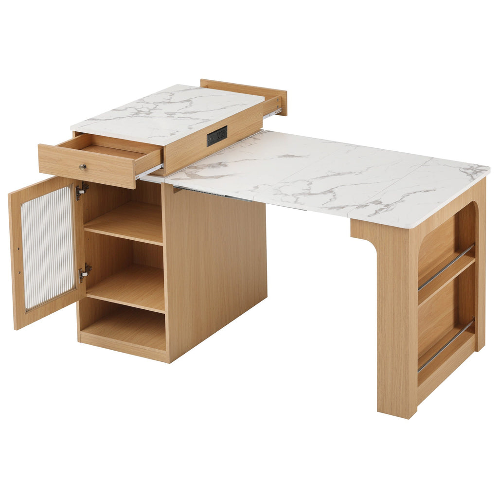 K&K 59.5' Kitchen Island with Extendable Dining Table, Kitchen Storage Table with Double-sided Storage, Kitchen Island with 2 Drawers, Power Outlet, Side Open Shelves, for Kitchen, Dining Room, Black