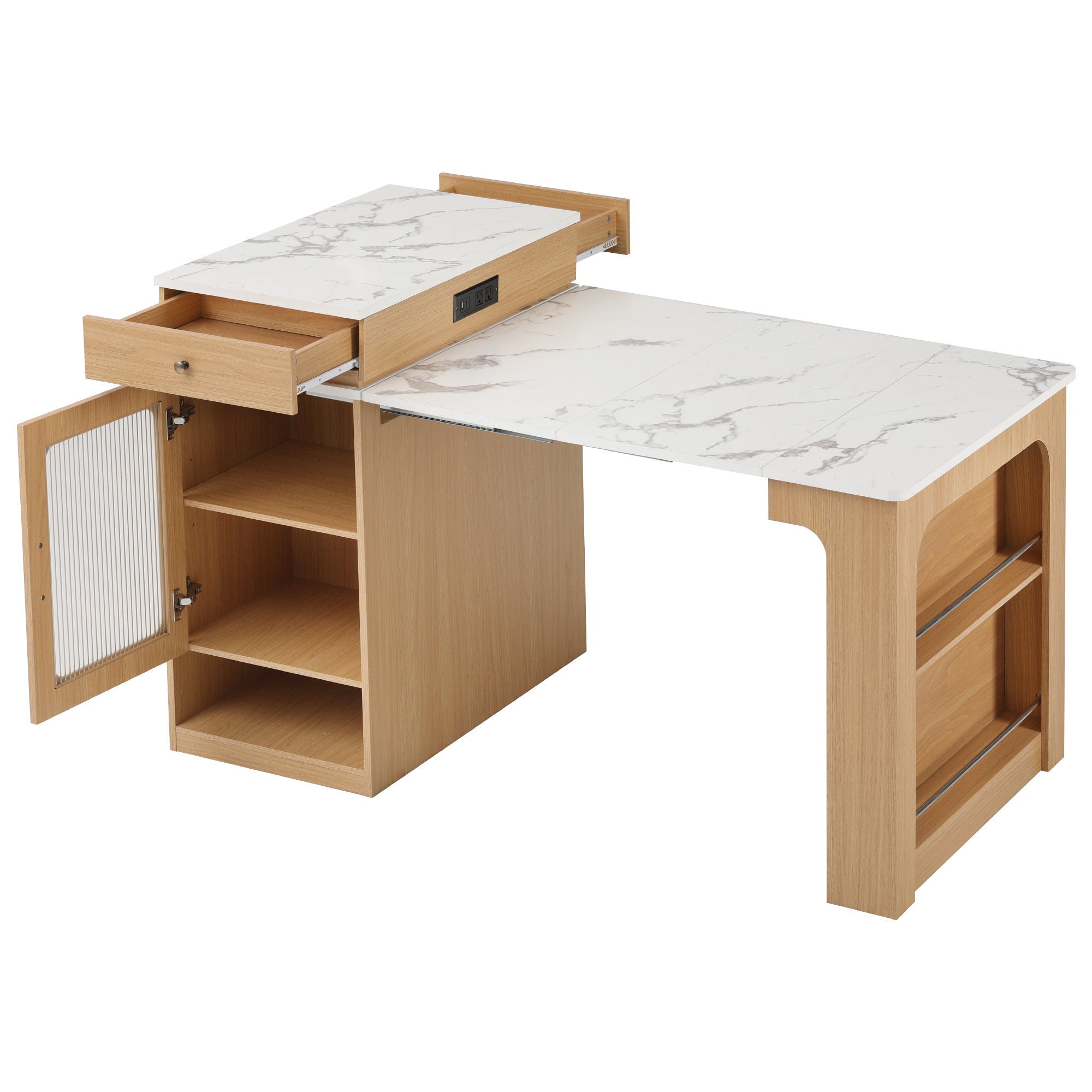 K&K 59.5' Kitchen Island with Extendable Dining Table, Kitchen Storage Table with Double-sided Storage, Kitchen Island with 2 Drawers, Power Outlet, Side Open Shelves, for Kitchen, Dining Room, Black