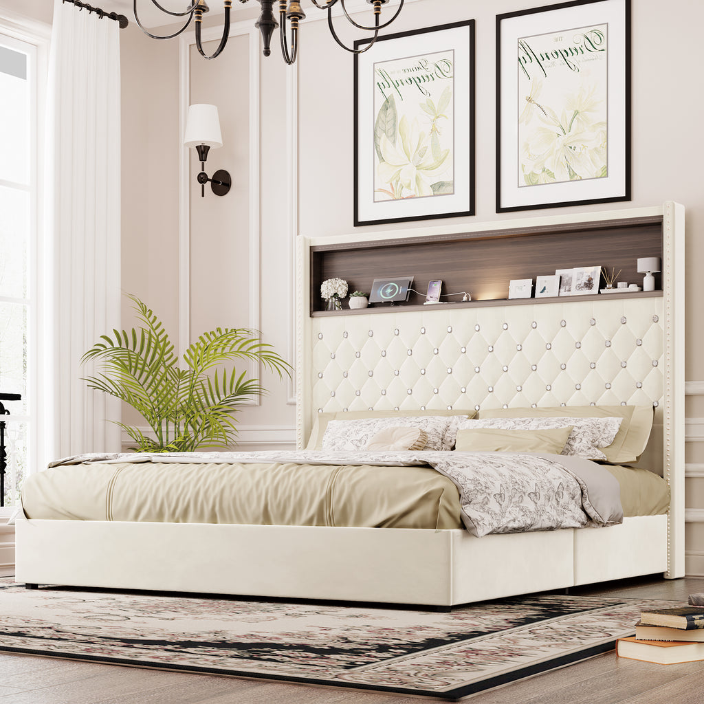 Queen Size Velvet Tufted Soft Bed Frame with USB Port and Night Light,52'' High Headboard with Rivet Decoration, Wing-back Platform Bed with Headboard Shelf, Beige