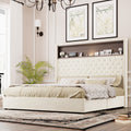 Queen Size Velvet Tufted Soft Bed Frame with USB Port and Night Light,52'' High Headboard with Rivet Decoration, Wing-back Platform Bed with Headboard Shelf, Beige