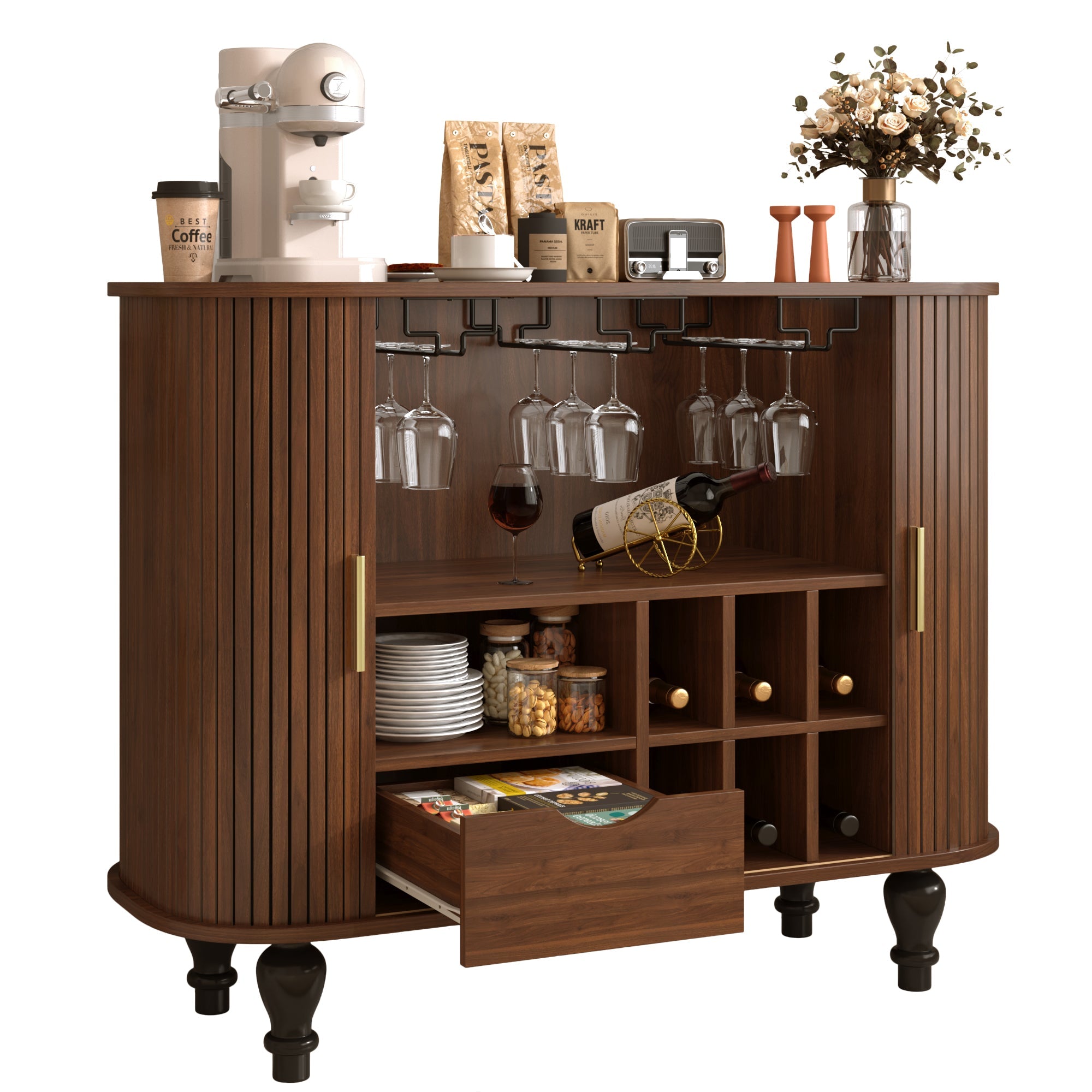 39' Fluted Liquor & Coffee Bar Cabinet with 6 Wine Racks and 3 Glass Holders, Mid-Century Modern Bar Cabinet with A Large Storage Drawer ,4 Hidden Storage Space on the Side , Black