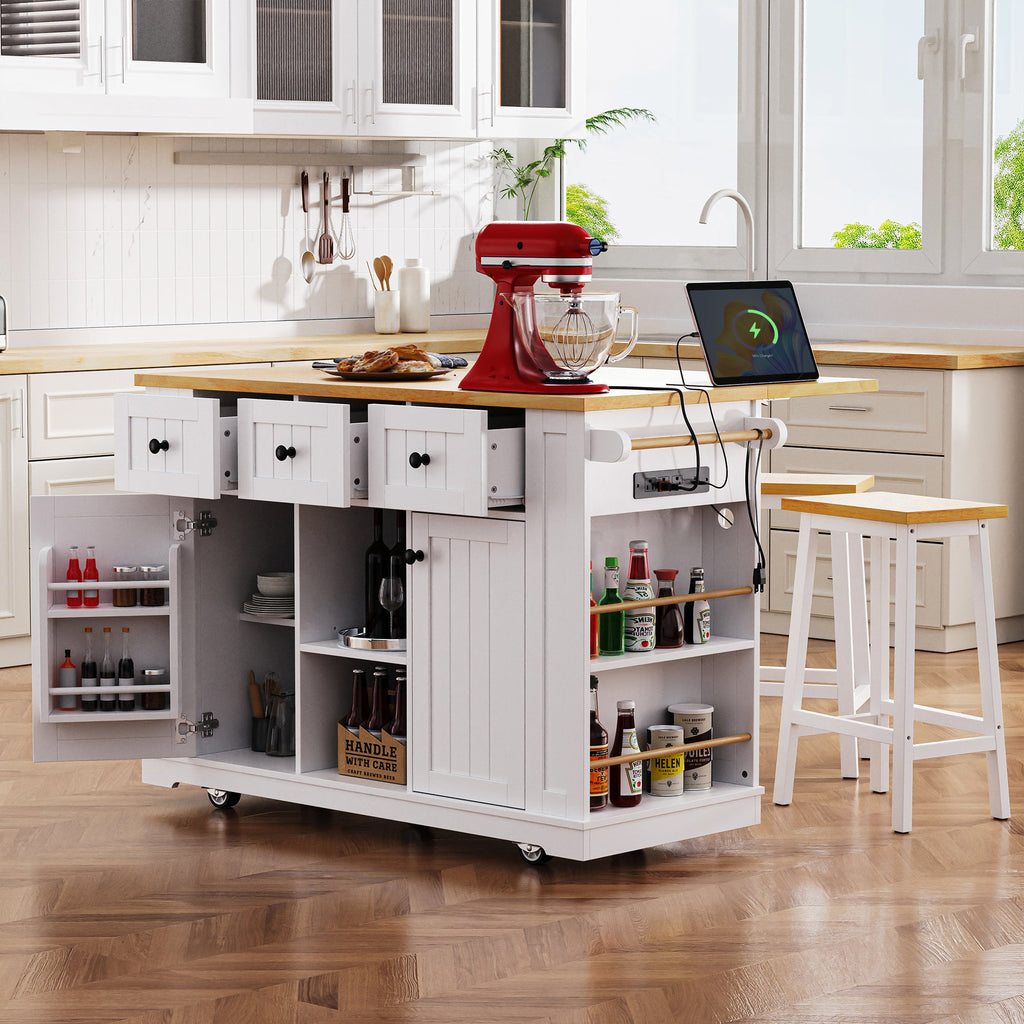 K&K 53inch Large Kitchen Island with Drop Leaf,Power Outlet,Door Internal Storage Rack,Rolling Kitchen Cart on 5 Wheels with 5 Open Side Racks for Kitchen,Black(Two Packages)(Stools not included)