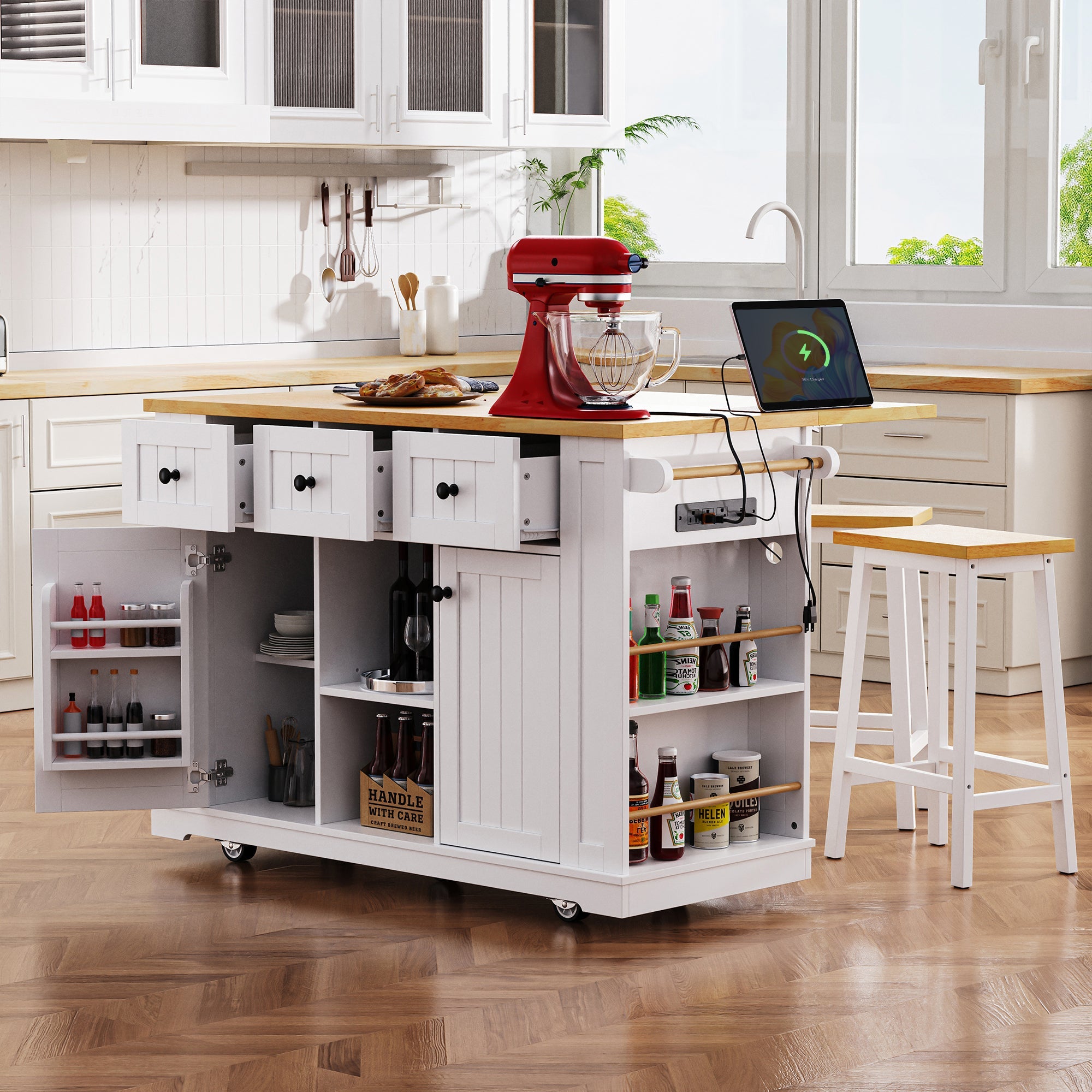 K&K 53inch Large Kitchen Island with Drop Leaf,Power Outlet,Door Internal Storage Rack,Rolling Kitchen Cart on 5 Wheels with 5 Open Side Racks for Kitchen,Black(Two Packages)(Stools not included)