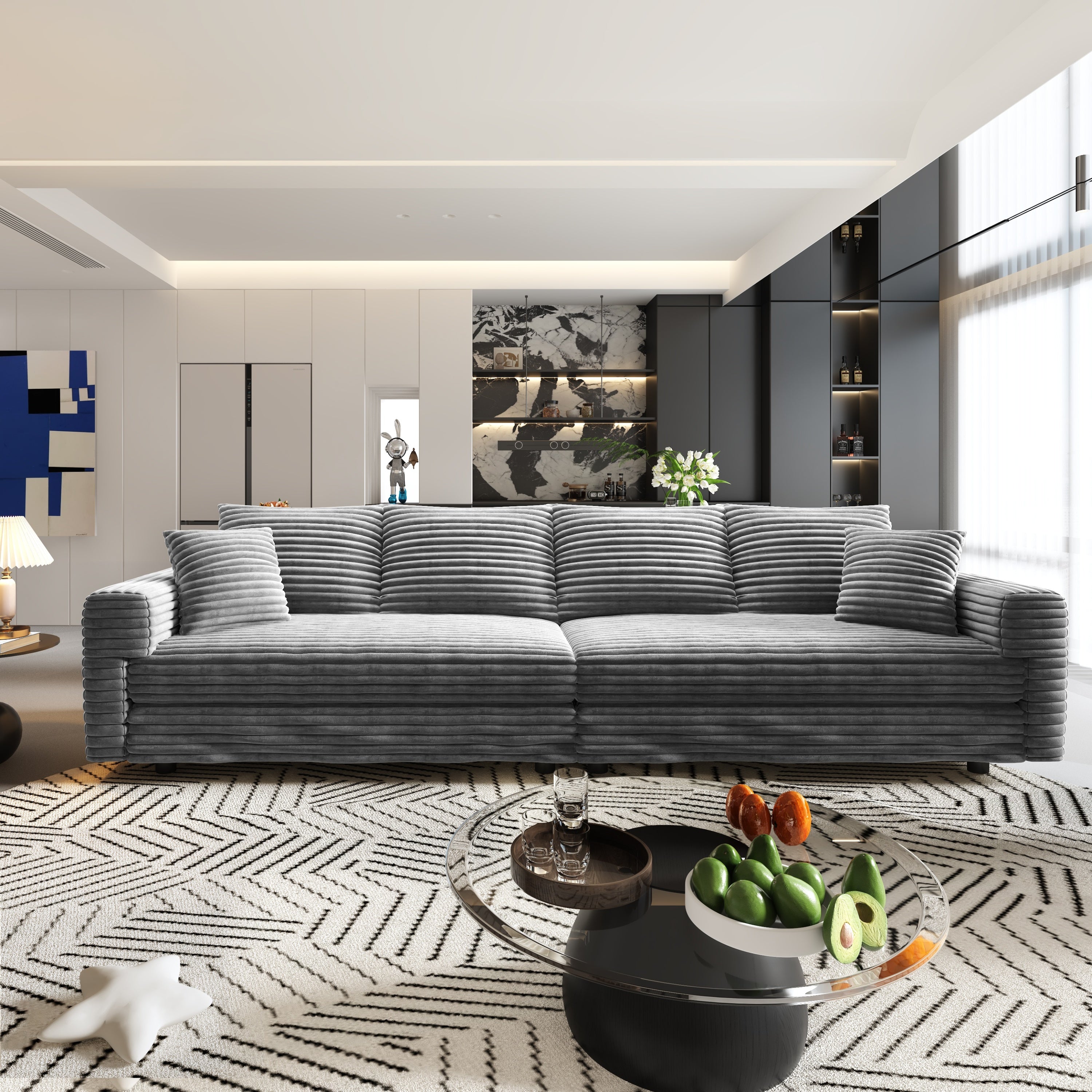 102.4 'Plush Corduroy 4-Seat Sofa,Modern Comfy Upholstered Sofa Cloud Couch,Deep Seat Couches with Soft Pillows and 3 Ottomans,Convertible Sofa Lounge Chair,Black(Old SKU:W1885S00287)