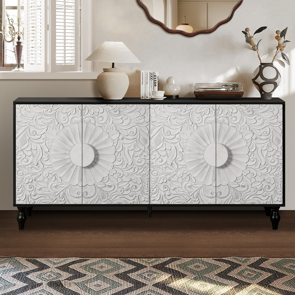 Vintage white black carved farmhouse sideboard — front view