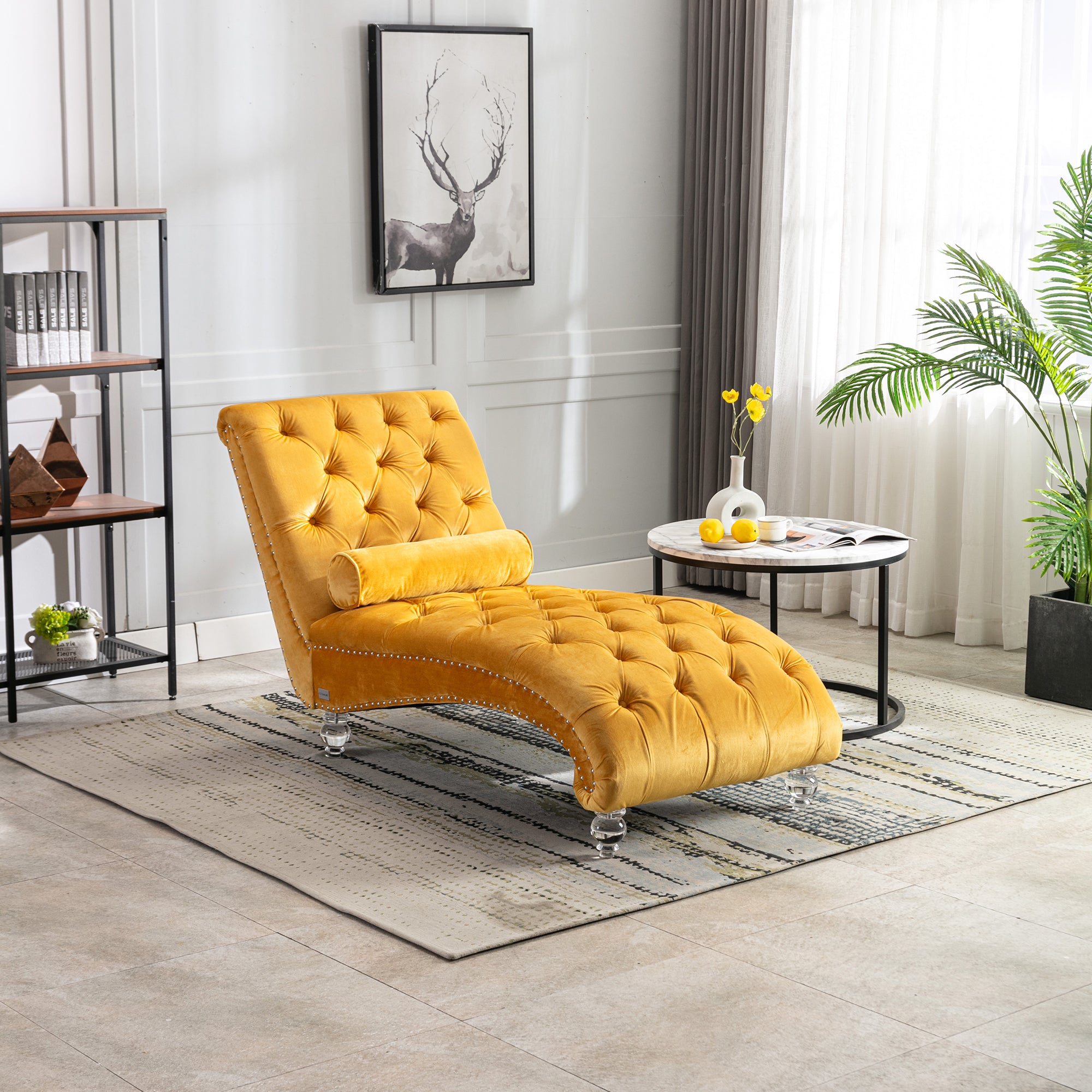 Button-tufted mustard velvet chaise lounge angle view
