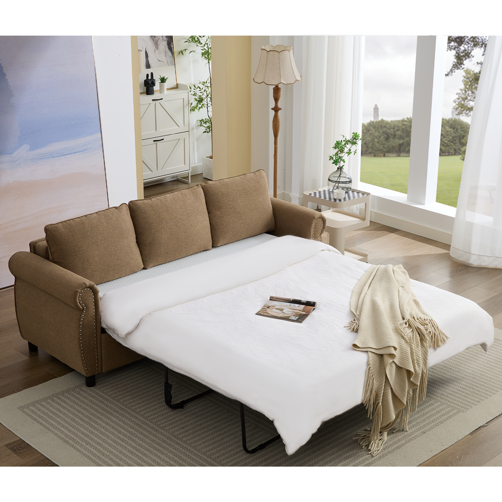 [NEW ARRIVED] [VIDEO PROVIDED] 81.5' 2-in-1 Queen Convertible Sleeper Sofa Bed, Pull Out Couch Bed,3 seater sofa bed,with 3.35' Memory Foam Mattress ,Rivet handrail,Beige(Old sku:W2108S00091)