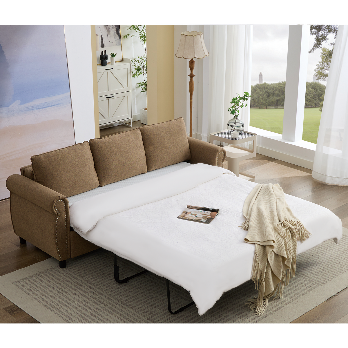 [NEW ARRIVED] [VIDEO PROVIDED] 81.5' 2-in-1 Queen Convertible Sleeper Sofa Bed, Pull Out Couch Bed,3 seater sofa bed,with 3.35' Memory Foam Mattress ,Rivet handrail,Beige(Old sku:W2108S00091)