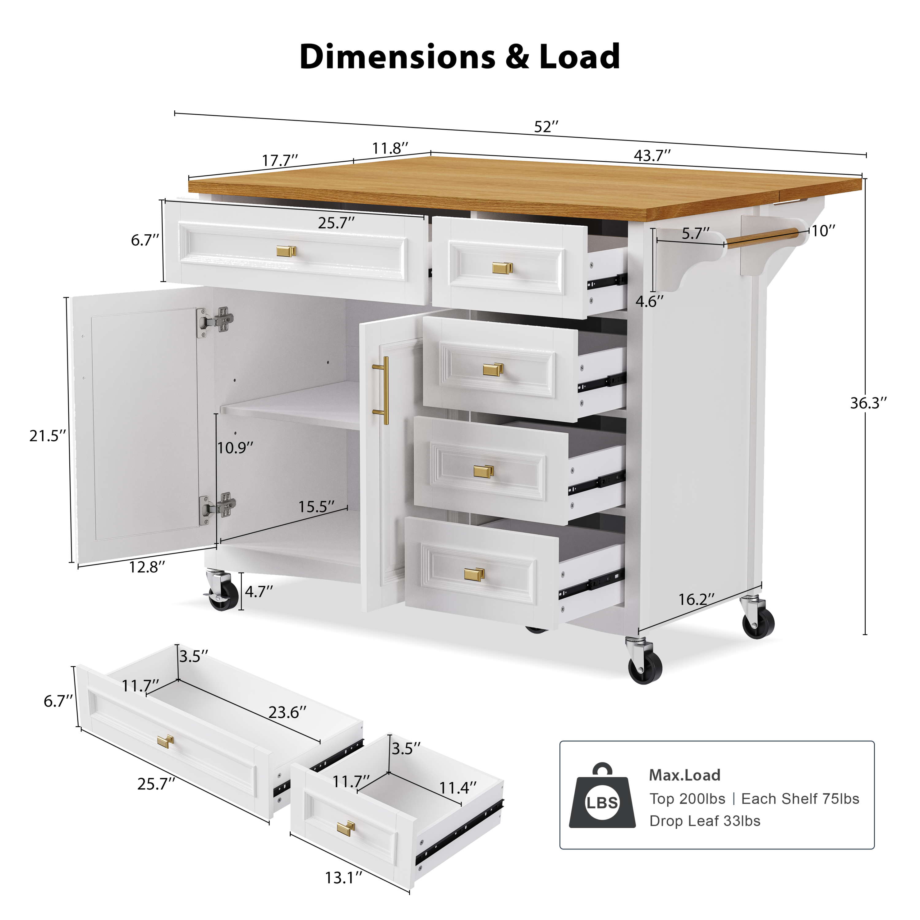K&K 52'' Kitchen Island with Drop Leaf, Embossed Texture Kitchen Island on Wheels with Spice Rack, Towel Rack, 2 Doors and 5 Drawers, Kitchen Storage Cart with Adjustable Shelf for Kitchen, Blue Grey
