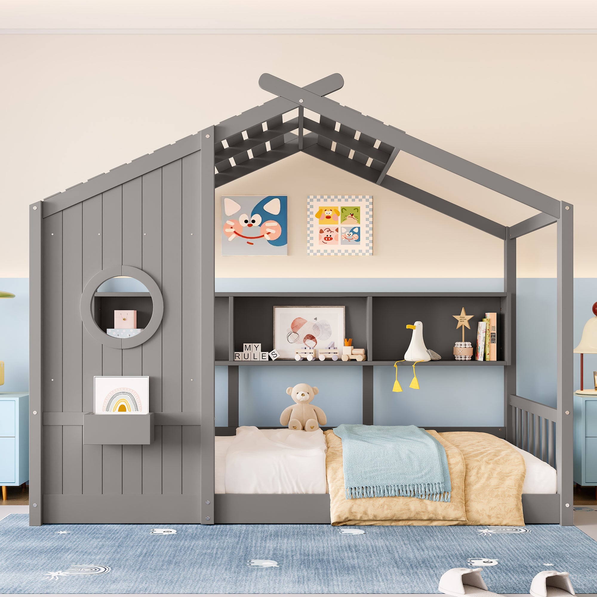 Twin Size Floor House Bed for Toddler, Kids Montessori Bed with Storage Shelf, Playhouse Bed with Roof Design, Gray