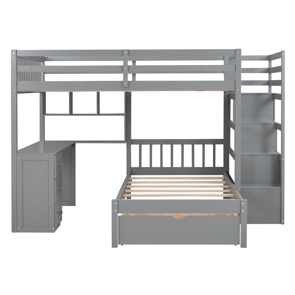 Gray pine wood bunk bed frame and slat support construction