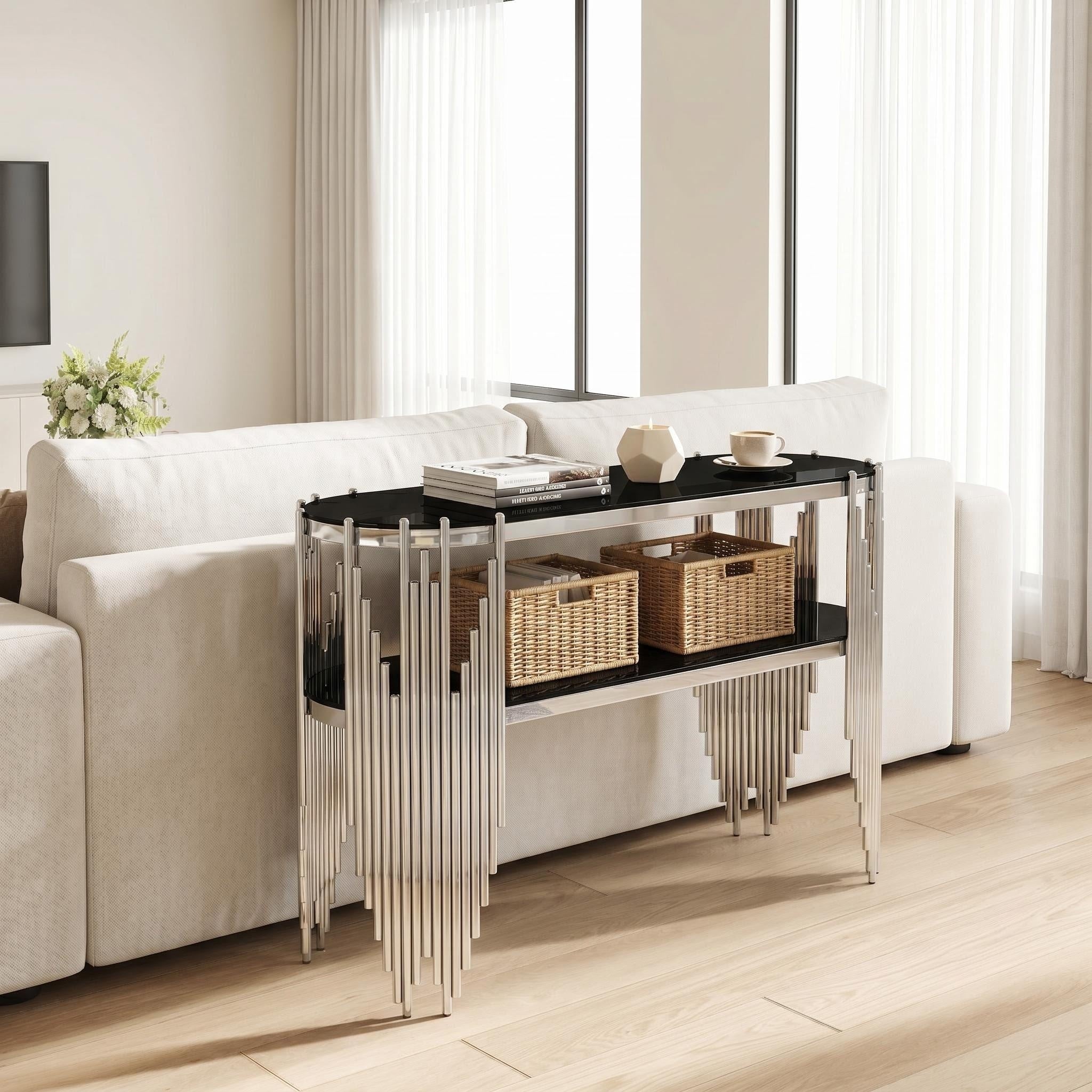 Modern entryway console table black glass lower shelf storage