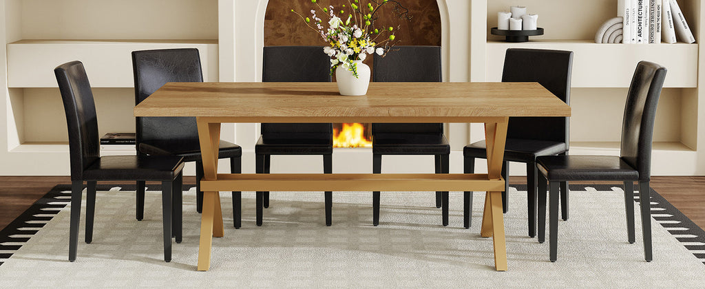 Table and chair set. 71 * 35.4 inch Wood grain MDF splicing desktop with X-shaped metal frame dining table.Includes 8 white PU dining chairs With Black Metal Legs.Making it an ideal choice for home.