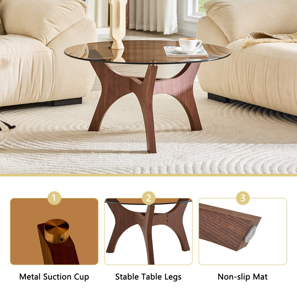 31.5' Glass Coffee Table, Mid-Century Modern Style, Ideal as a Centerpiece for Living Rooms, Bedrooms, Reception Areas, and Offices (Black Wood Grain)