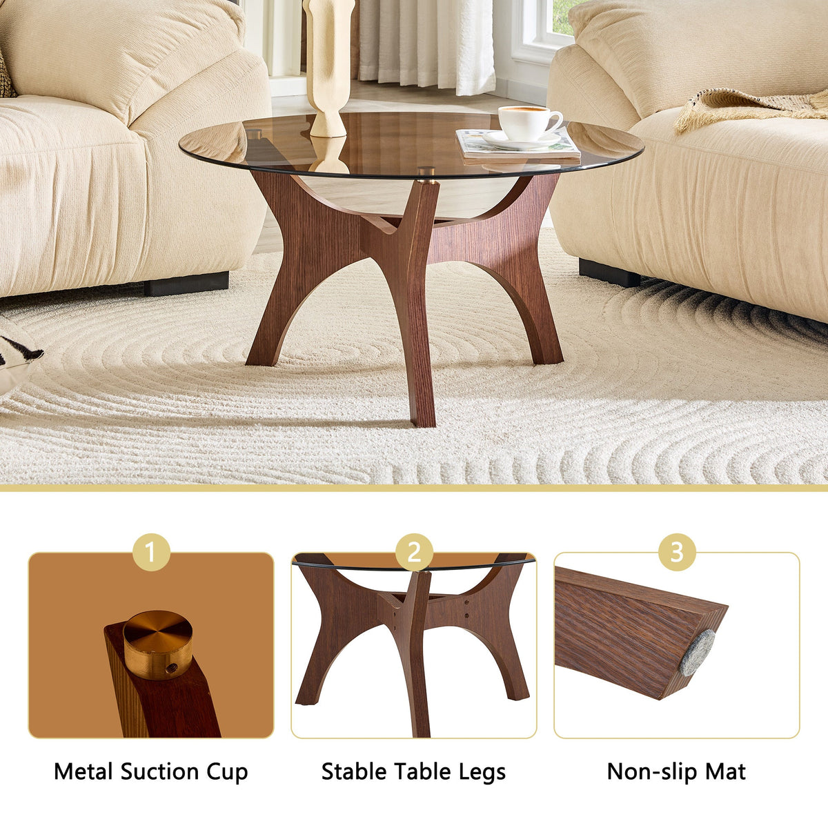31.5' Glass Coffee Table, Mid-Century Modern Style, Ideal as a Centerpiece for Living Rooms, Bedrooms, Reception Areas, and Offices (Black Wood Grain)