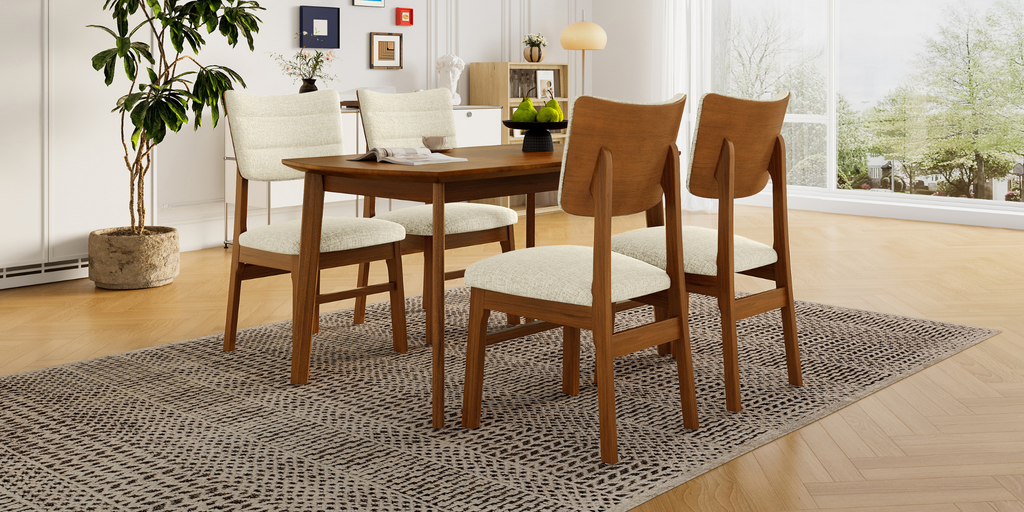 Farmhouse Dining Table Set for 4, Wood Kitchen Table & 4 Upholstered Chairs with Sturdy Rubber Wood Frame, Padded Seat, Curved Backrest, Space-Saving Dinette Set for Dining Room, Brown+Gray